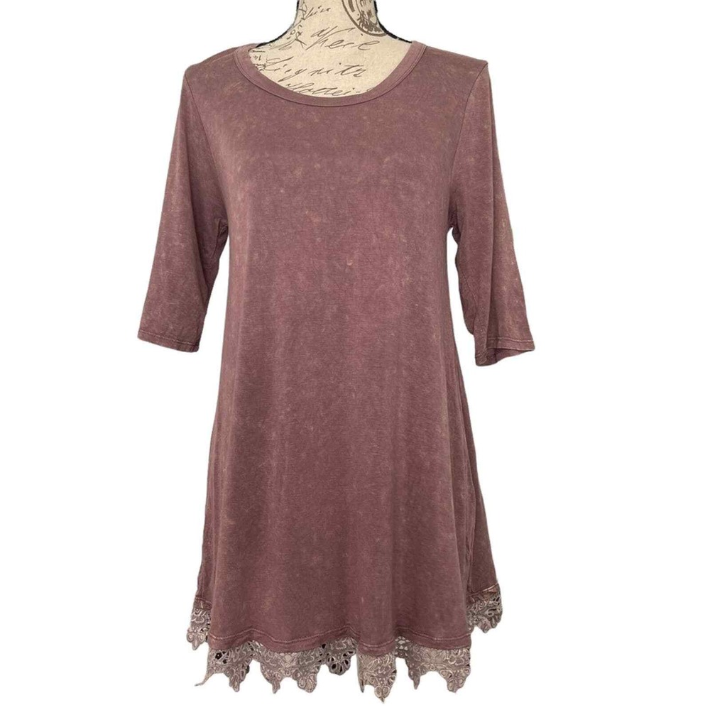 Hayden Los Angeles Women Tunic S Mauve Mineral Wash Lace Trim Boho Cottagecore